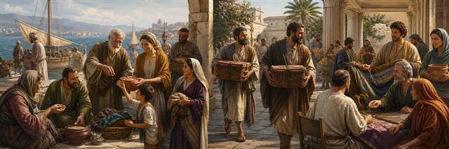 Believers of modest means contributing joyfully while trusted delegates carry sealed baskets toward Jerusalem